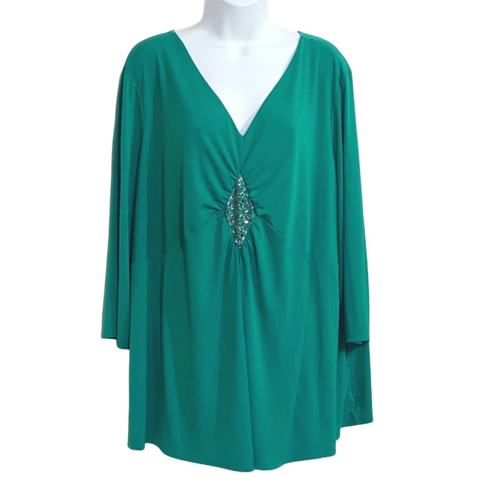 Jaclyn Smith Tunic Women 3X Teal Green Rhinestone Ruched V-Neck Y2K Blouse
